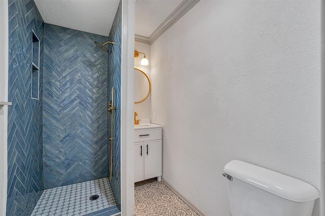 1608 Truman Dr, Altus, OK 73521 - bathroom featuring a stall shower, vanity, and crown molding