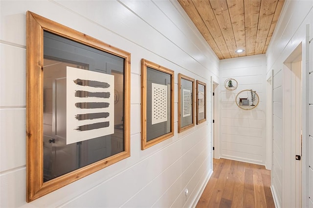 42 Hickory Ridge Rd, Broken Bow, OK 74728 - hallway featuring wooden ceiling, hardwood / wood-style floors, and recessed lighting