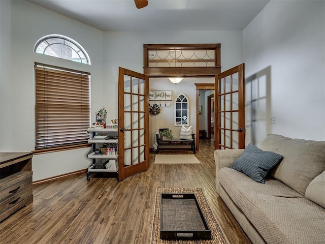 2108 Mulberry Creek Ave, Yukon, OK 73099 - living area with french doors, wood finished floors, and ceiling fan