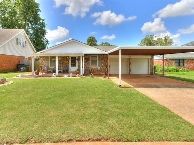 3900 Chetwood Dr, Del City, OK 73115 - view of front facade featuring a front yard, concrete driveway, a garage, covered porch, and an attached carport
