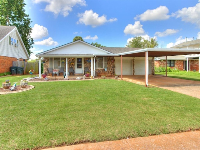 3900 Chetwood Dr, Del City, OK 73115 - view of front of property with covered porch, a garage, driveway, a front yard, and brick siding