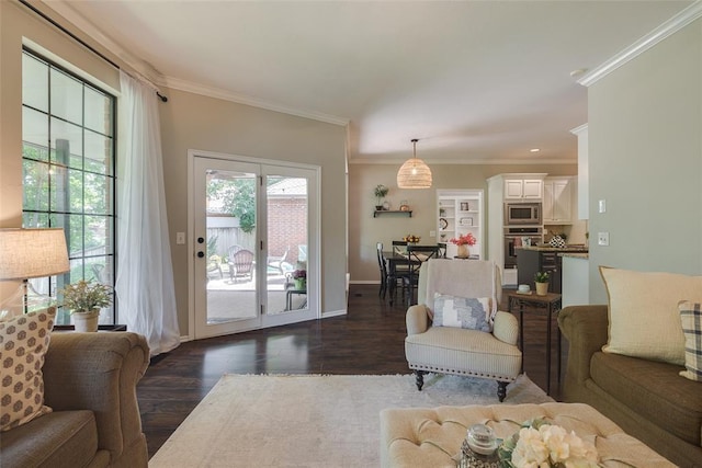 2801 Brixton Rd, Edmond, OK 73034 - living area featuring ornamental molding and dark wood-style flooring