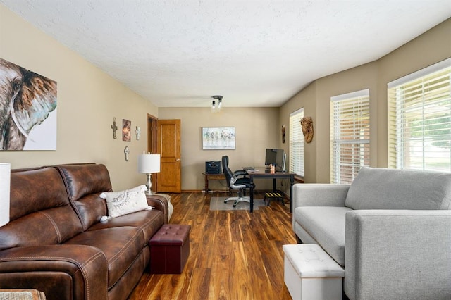 2504 NW 119th St, Oklahoma City, OK 73120 - living room with an office area, dark wood finished floors, and a textured ceiling
