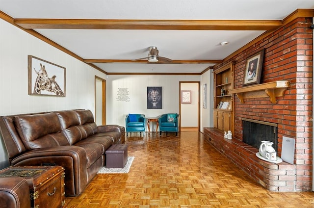 2504 NW 119th St, Oklahoma City, OK 73120 - living area with a ceiling fan, a fireplace, ornamental molding, and beam ceiling