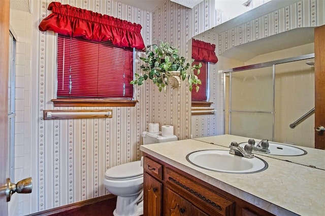 3913 SE 14th Pl, Oklahoma City, OK 73115 - bathroom with wallpapered walls, vanity, and tiled shower