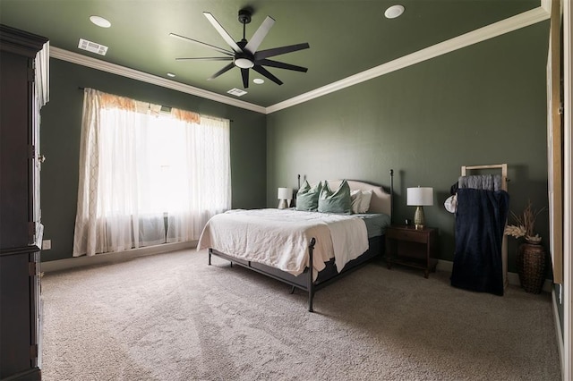 501 Old Creek Rd, Edmond, OK 73034 - carpeted bedroom with ornamental molding, recessed lighting, and a ceiling fan