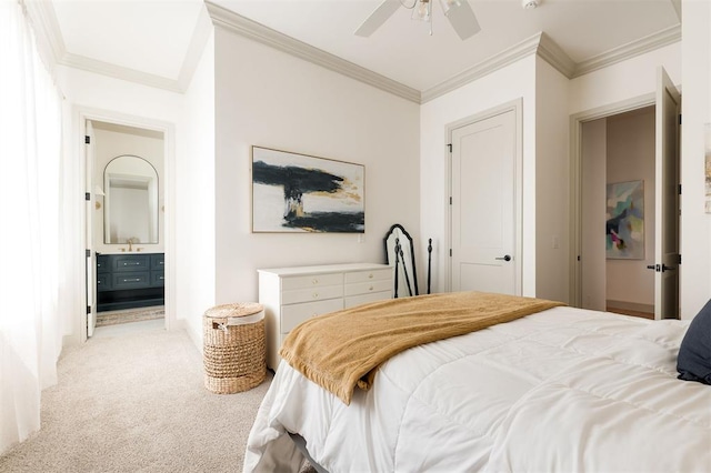 501 Old Creek Rd, Edmond, OK 73034 - bedroom featuring light carpet, crown molding, and ceiling fan