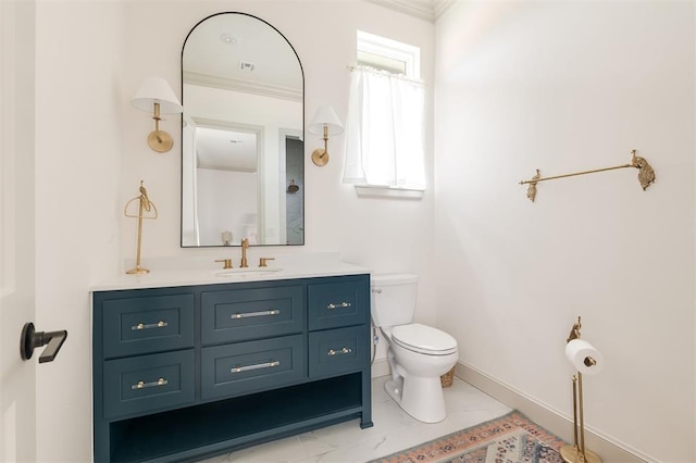 501 Old Creek Rd, Edmond, OK 73034 - bathroom featuring vanity, crown molding, and marble look tile flooring