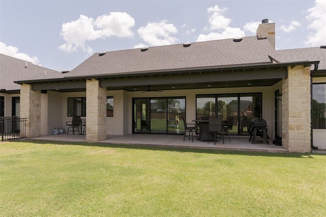 501 Old Creek Rd, Edmond, OK 73034 - back of house featuring a patio area, roof with shingles, a chimney, and ceiling fan