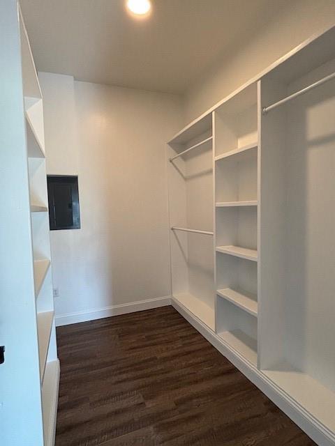 379100 E 1100th Rd, Okemah, OK 74859 - walk in closet with electric panel and dark wood-style flooring