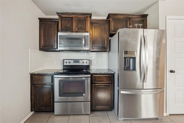 4116 NW 154th St, Edmond, OK 73013 - kitchen with stainless steel appliances, stone countertops, dark brown cabinets, and tasteful backsplash