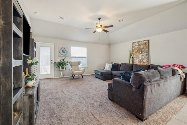 4116 NW 154th St, Edmond, OK 73013 - living area with a ceiling fan, vaulted ceiling, and carpet