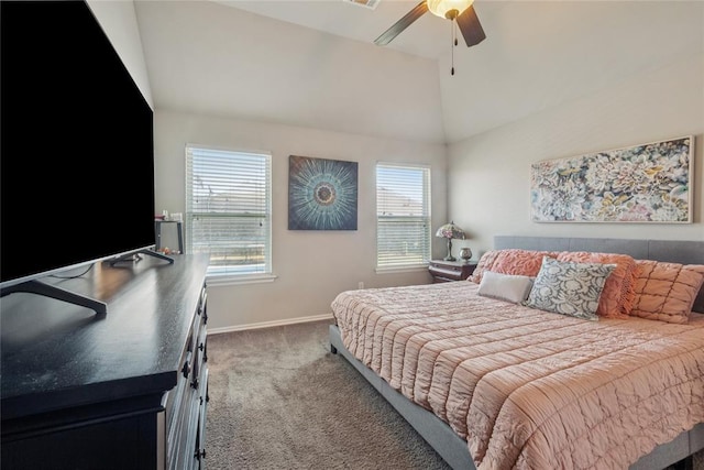 4116 NW 154th St, Edmond, OK 73013 - bedroom with lofted ceiling, carpet flooring, multiple windows, and a ceiling fan