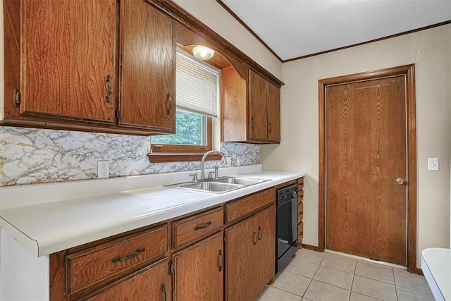 908 S Trail Dr, Altus, OK 73521 - kitchen featuring light countertops, brown cabinets, dishwasher, backsplash, and crown molding