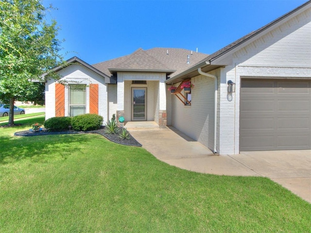 7313 Jack Dr, Oklahoma City, OK 73132 - view of front of home featuring brick siding, a front yard, a garage, and a shingled roof