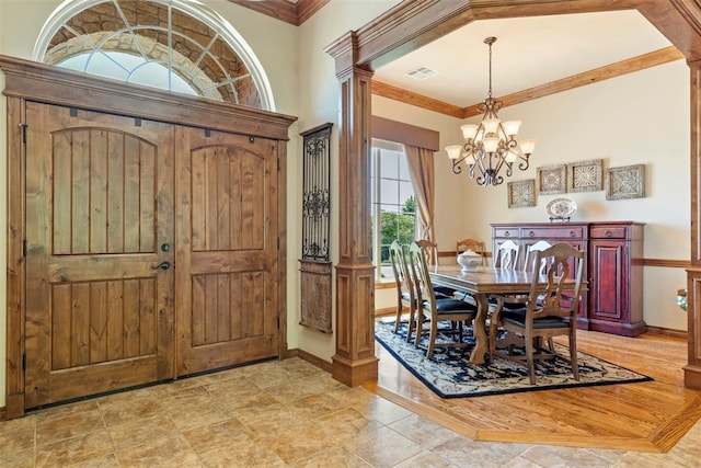 227 Quail Hollow Way, Choctaw, OK 73020 - dining space with a chandelier, ornate columns, and crown molding