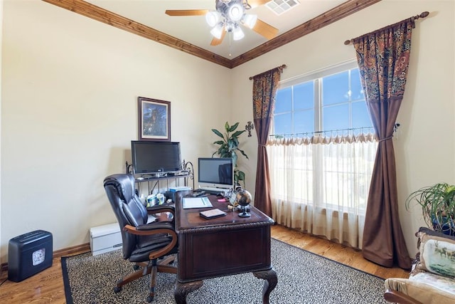 227 Quail Hollow Way, Choctaw, OK 73020 - home office with crown molding, a ceiling fan, and wood finished floors