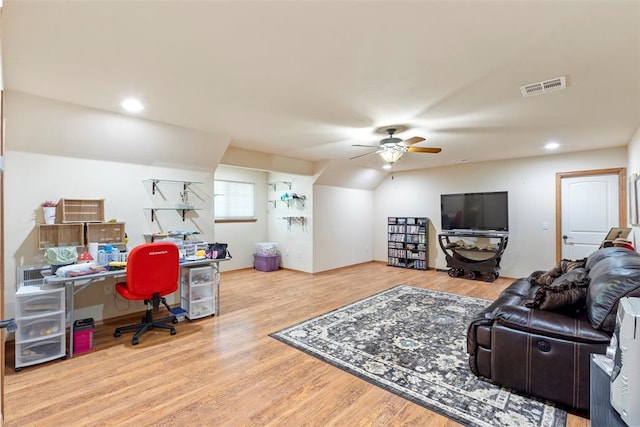 227 Quail Hollow Way, Choctaw, OK 73020 - home office featuring a ceiling fan, wood finished floors, and recessed lighting