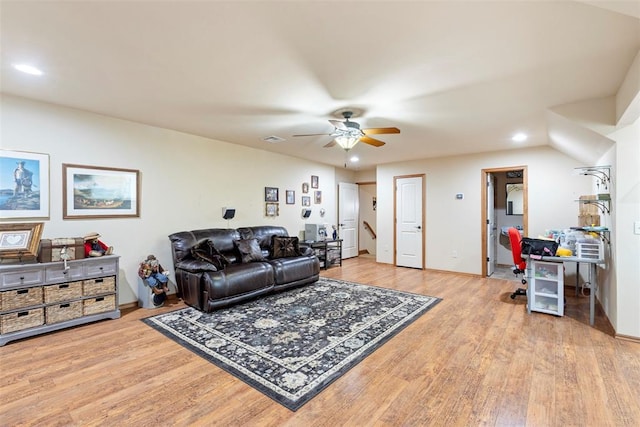227 Quail Hollow Way, Choctaw, OK 73020 - living room featuring recessed lighting, a ceiling fan, light wood-style flooring, and stairway