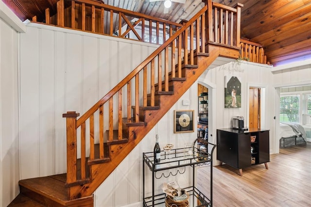 80 E Shore Dr, Arcadia, OK 73007 - staircase featuring wood finished floors, lofted ceiling, and wood ceiling