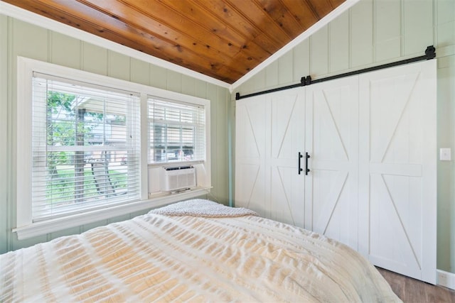 80 E Shore Dr, Arcadia, OK 73007 - unfurnished bedroom featuring vaulted ceiling, wooden ceiling, multiple windows, wood finished floors, and cooling unit