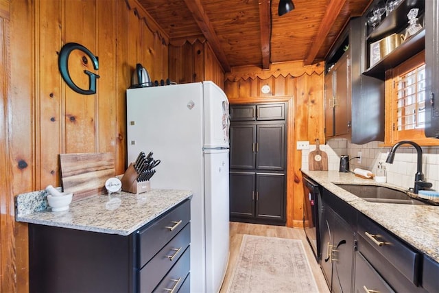 80 E Shore Dr, Arcadia, OK 73007 - kitchen with a wooden ceiling with exposed beams, freestanding refrigerator, wooden walls, backsplash, and light wood-style flooring