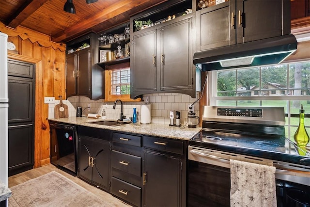 80 E Shore Dr, Arcadia, OK 73007 - kitchen with stainless steel range with electric stovetop, black dishwasher, under cabinet range hood, open shelves, and a wooden ceiling with exposed beams