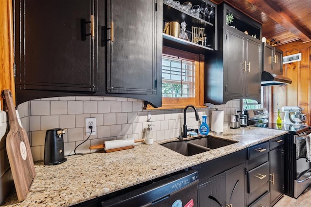 80 E Shore Dr, Arcadia, OK 73007 - kitchen with electric range, under cabinet range hood, decorative backsplash, light stone counters, and a wooden ceiling with exposed beams