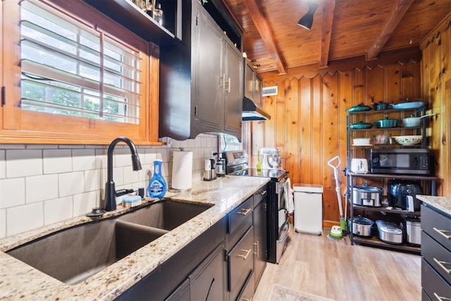 80 E Shore Dr, Arcadia, OK 73007 - kitchen featuring appliances with stainless steel finishes, premium range hood, a wood ceiling with exposed beams, tasteful backsplash, and light wood-type flooring