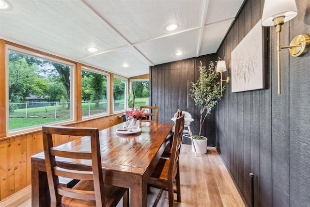 80 E Shore Dr, Arcadia, OK 73007 - dining area with light wood-style floors, wooden walls, and recessed lighting