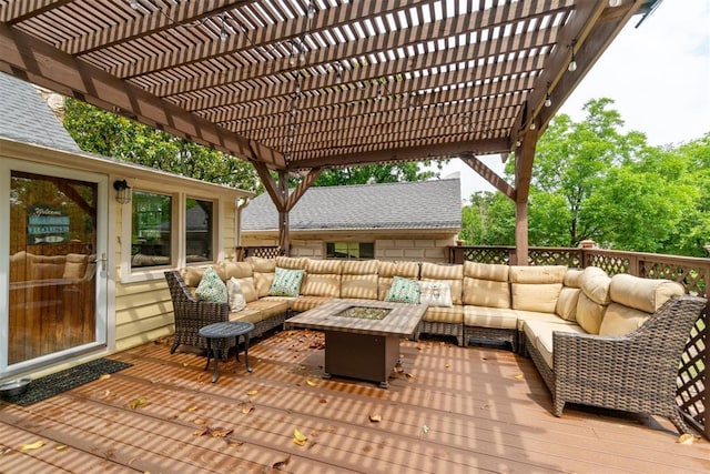 80 E Shore Dr, Arcadia, OK 73007 - view of patio with a wooden deck, an outdoor living space with a fire pit, and a pergola