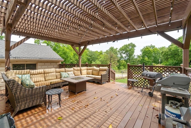 80 E Shore Dr, Arcadia, OK 73007 - wooden deck with an outdoor living space with a fire pit, grilling area, a pergola, and view of scattered trees