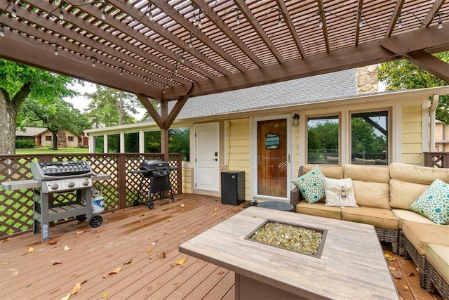 80 E Shore Dr, Arcadia, OK 73007 - wooden deck with grilling area, an outdoor living space with a fire pit, and a pergola