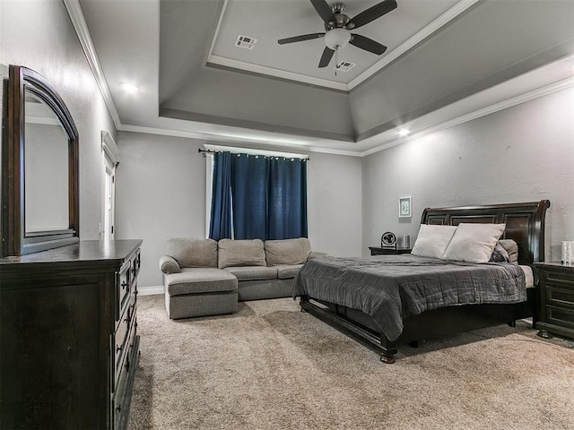 2395 County Road 1260, Blanchard, OK 73010 - bedroom with carpet, a raised ceiling, crown molding, and ceiling fan