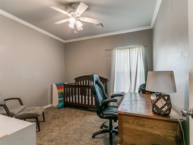 2395 County Road 1260, Blanchard, OK 73010 - carpeted bedroom featuring an office area, ornamental molding, and a ceiling fan