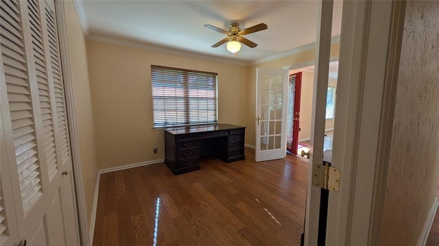 3957 N 58th Ter, Oklahoma City, OK 73112 - office space with french doors, crown molding, dark wood finished floors, and ceiling fan
