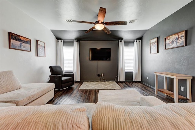 11704 NW 135th Ter, Piedmont, OK 73078 - living room featuring ceiling fan, plenty of natural light, and wood finished floors