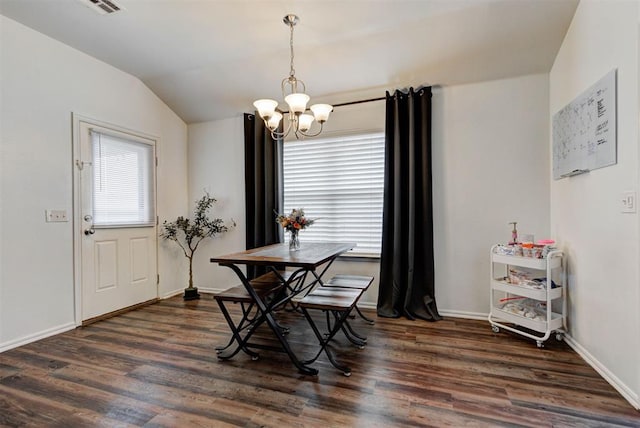 11704 NW 135th Ter, Piedmont, OK 73078 - dining space featuring a chandelier, vaulted ceiling, and dark wood-style flooring