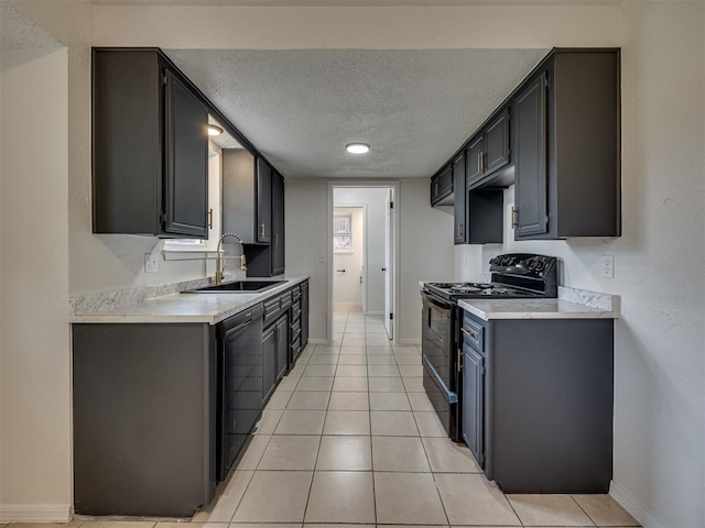 4821 Cinderella Dr, Oklahoma City, OK 73129 - kitchen with black appliances, a textured ceiling, light countertops, and light tile patterned floors
