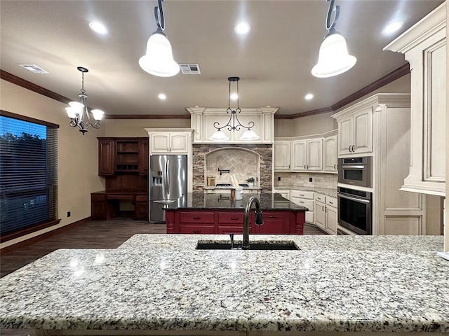 30202 Sleepy Hollow Dr, Mcloud, OK 74851 - kitchen featuring stainless steel fridge with ice dispenser, ornamental molding, decorative backsplash, dark stone counters, and dark wood-style flooring