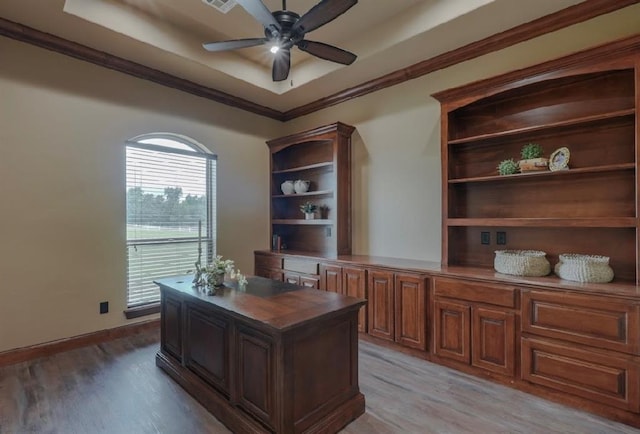 30202 Sleepy Hollow Dr, Mcloud, OK 74851 - office featuring ceiling fan, light wood-style floors, crown molding, and a raised ceiling