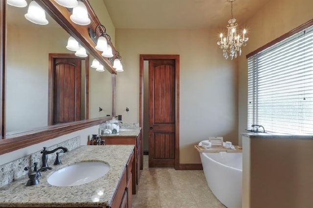 30202 Sleepy Hollow Dr, Mcloud, OK 74851 - full bath with a freestanding bath, vanity, a chandelier, and tile patterned flooring