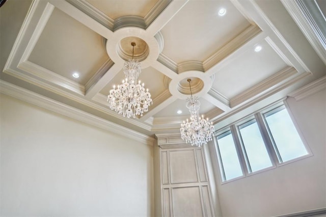 13209 Blue Canyon Cir, Oklahoma City, OK 73142 - detailed view of coffered ceiling, a chandelier, ornamental molding, beamed ceiling, and recessed lighting