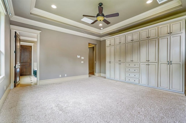 13209 Blue Canyon Cir, Oklahoma City, OK 73142 - unfurnished bedroom with light colored carpet, crown molding, a raised ceiling, recessed lighting, and ceiling fan