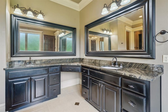 13209 Blue Canyon Cir, Oklahoma City, OK 73142 - full bathroom featuring double vanity, ornamental molding, and tile patterned flooring