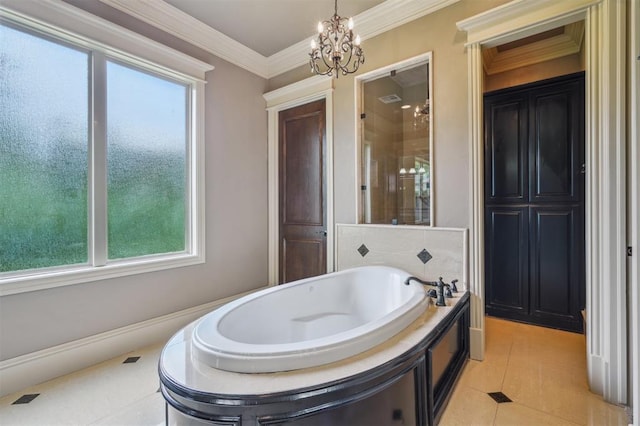 13209 Blue Canyon Cir, Oklahoma City, OK 73142 - bathroom featuring a garden tub, healthy amount of natural light, a chandelier, a stall shower, and ornamental molding