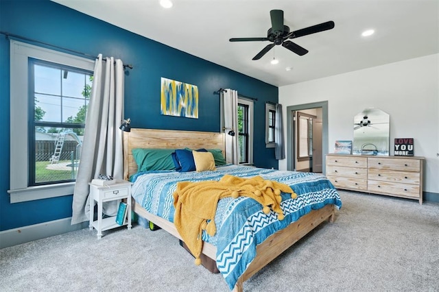 1828 S 7th St, Chickasha, OK 73018 - bedroom with carpet, recessed lighting, and a ceiling fan