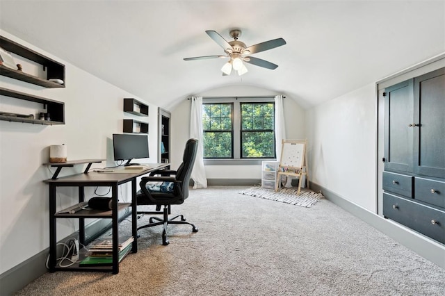 1828 S 7th St, Chickasha, OK 73018 - home office featuring a ceiling fan, vaulted ceiling, and carpet floors