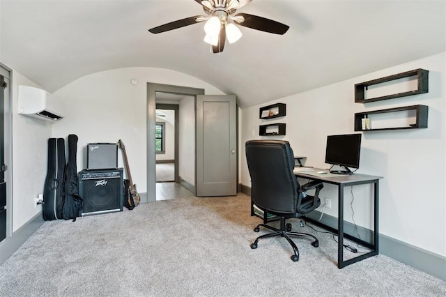 1828 S 7th St, Chickasha, OK 73018 - carpeted home office featuring a wall unit AC, vaulted ceiling, and ceiling fan
