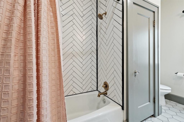 1828 S 7th St, Chickasha, OK 73018 - bathroom with shower / tub combo with curtain and tile patterned flooring